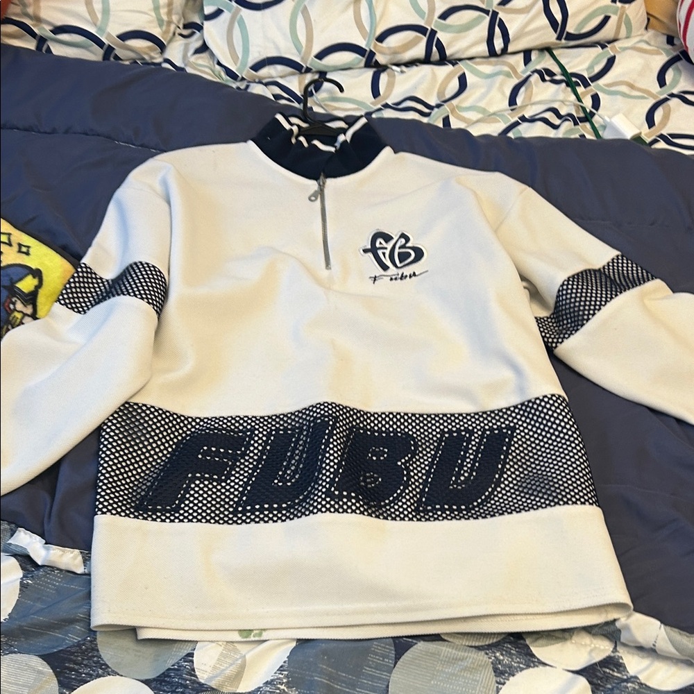 FUBU Men's White and Black Zip-Up Sweater